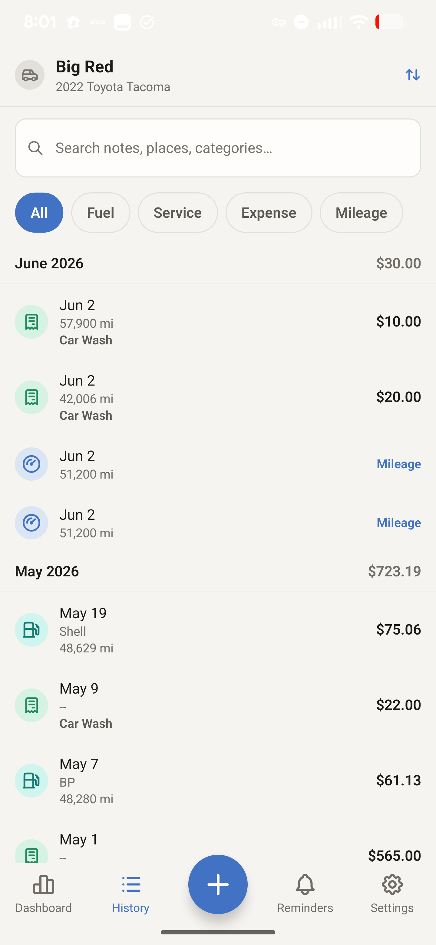 AutoMate expense history list, filterable by fuel, service, expense, and mileage