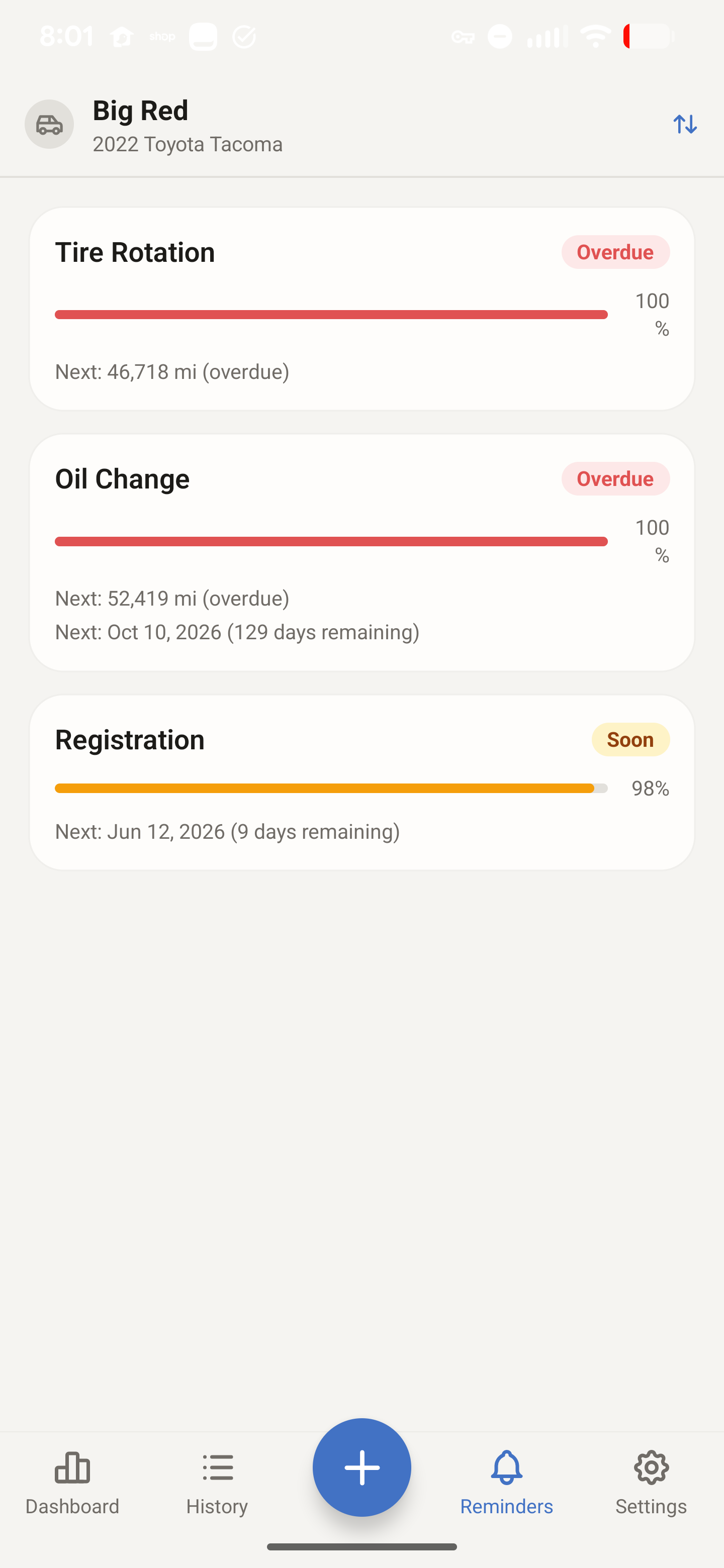 AutoMate maintenance reminders showing tire rotation, oil change, and registration status